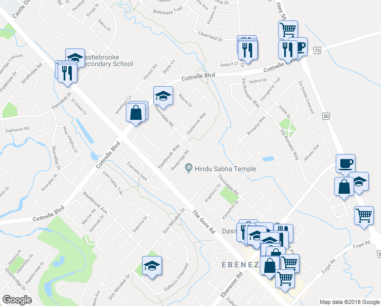 map of restaurants, bars, coffee shops, grocery stores, and more near 44 Shadyridge Road in Brampton
