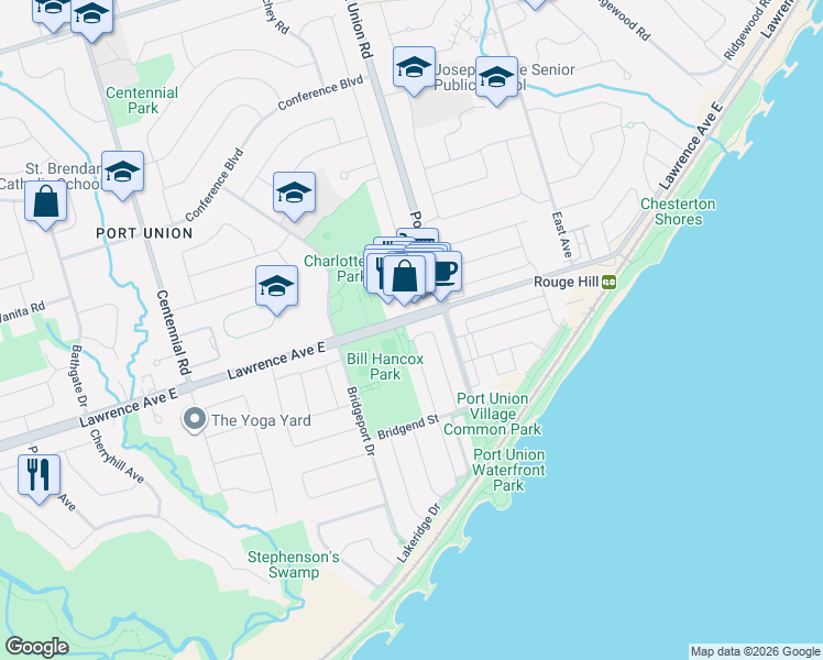 map of restaurants, bars, coffee shops, grocery stores, and more near 5535 Lawrence Avenue East in Toronto