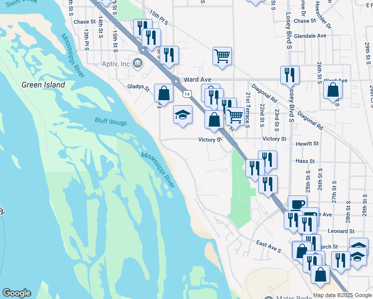 map of restaurants, bars, coffee shops, grocery stores, and more near 3141 East Avenue South in La Crosse