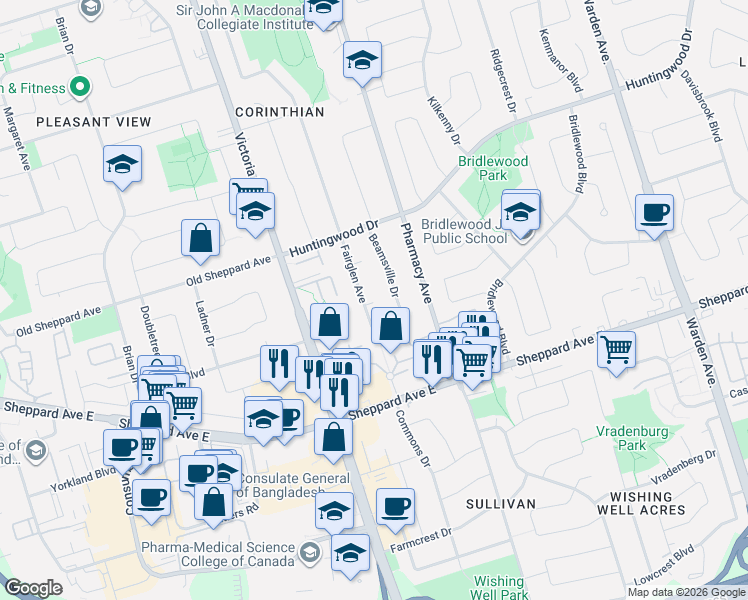 map of restaurants, bars, coffee shops, grocery stores, and more near 43 Fairglen Avenue in Toronto
