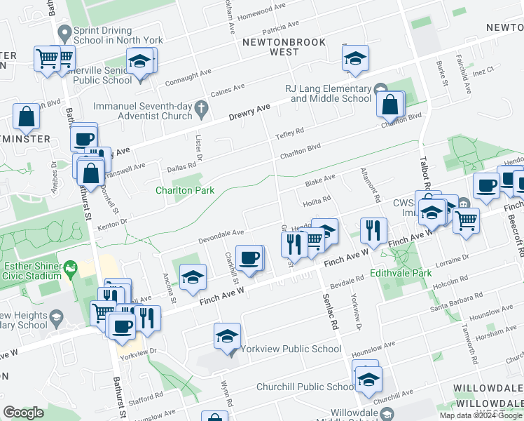 map of restaurants, bars, coffee shops, grocery stores, and more near 9 Calderon Crescent in Toronto