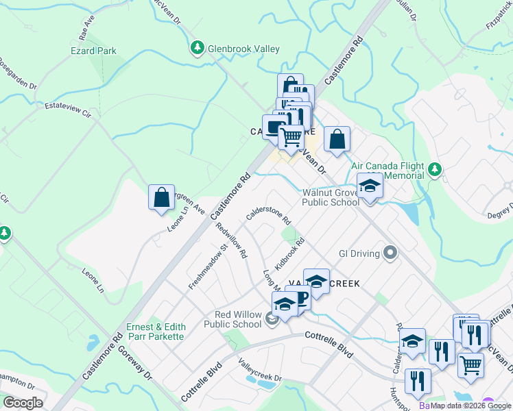 map of restaurants, bars, coffee shops, grocery stores, and more near 26 Calderstone Road in Brampton