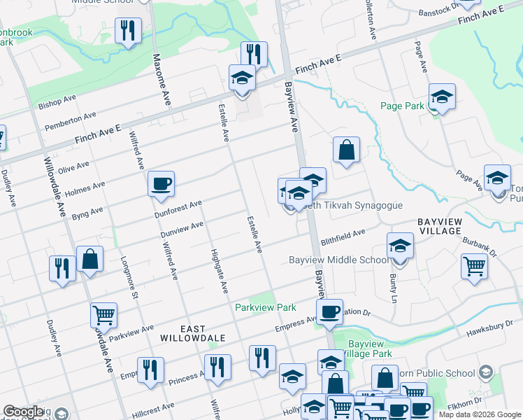 map of restaurants, bars, coffee shops, grocery stores, and more near 16 Lawnview Drive in Toronto