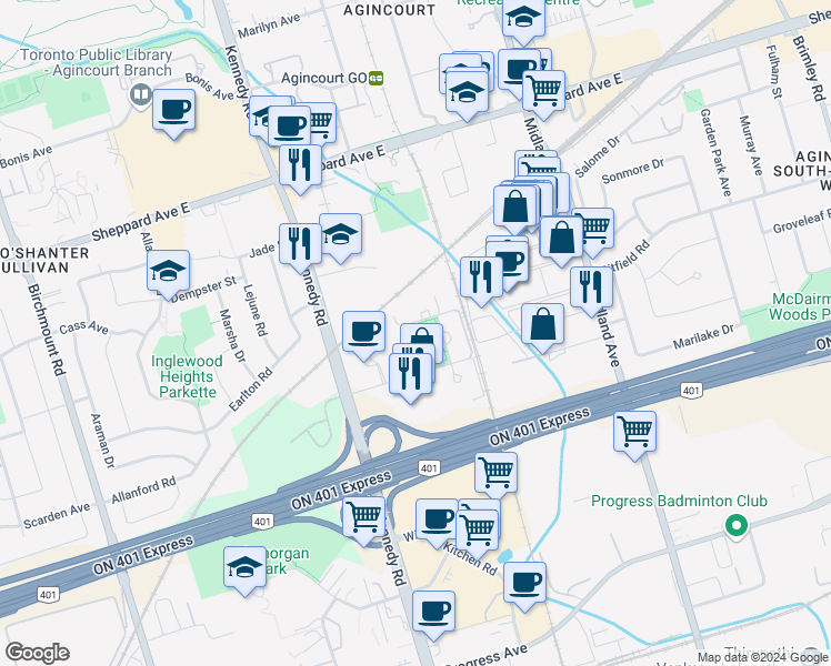 map of restaurants, bars, coffee shops, grocery stores, and more near in Toronto