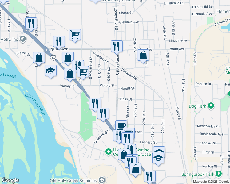 map of restaurants, bars, coffee shops, grocery stores, and more near 3022 Losey Boulevard South in La Crosse