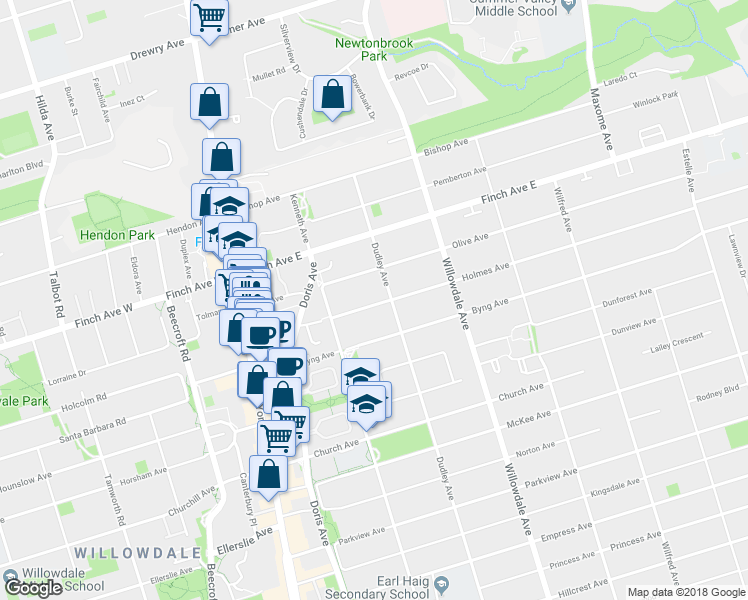 map of restaurants, bars, coffee shops, grocery stores, and more near 76 Holmes Avenue in Toronto