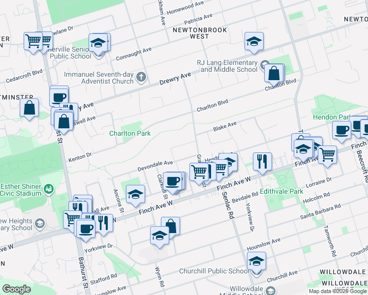 map of restaurants, bars, coffee shops, grocery stores, and more near in Toronto