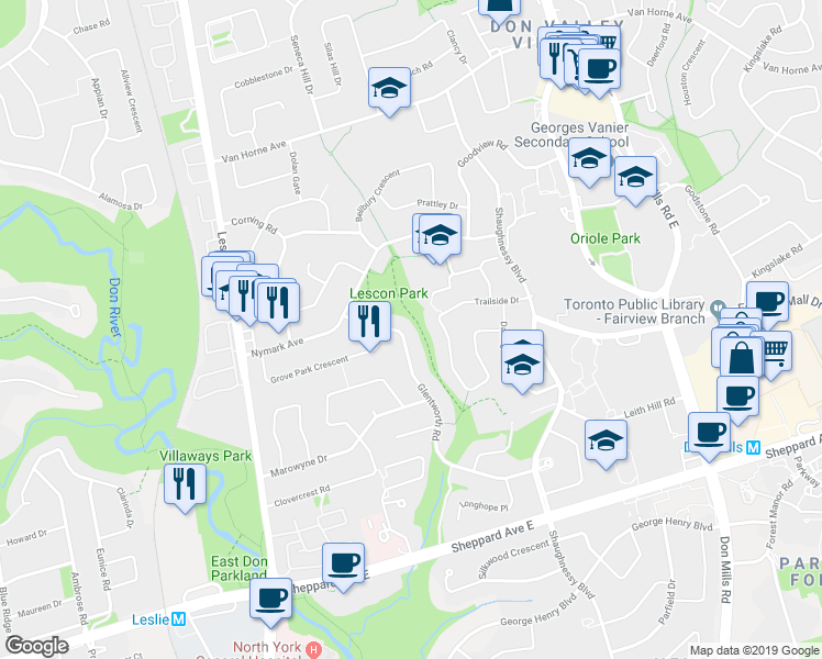 map of restaurants, bars, coffee shops, grocery stores, and more near 89 Glentworth Road in Toronto