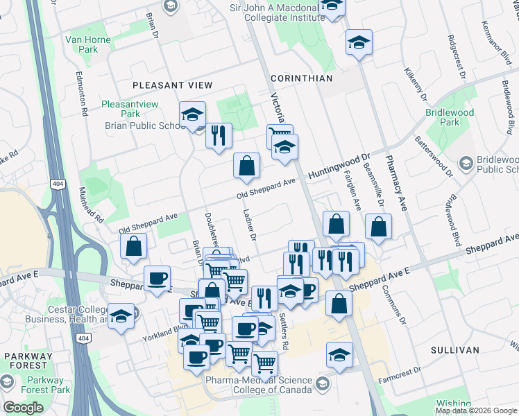 map of restaurants, bars, coffee shops, grocery stores, and more near 117 Pindar Crescent in Toronto