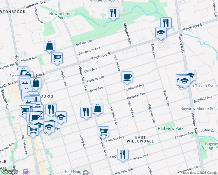 map of restaurants, bars, coffee shops, grocery stores, and more near 205 Byng Avenue in Toronto