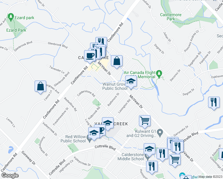 map of restaurants, bars, coffee shops, grocery stores, and more near 28 Bluffwood Crescent in Brampton