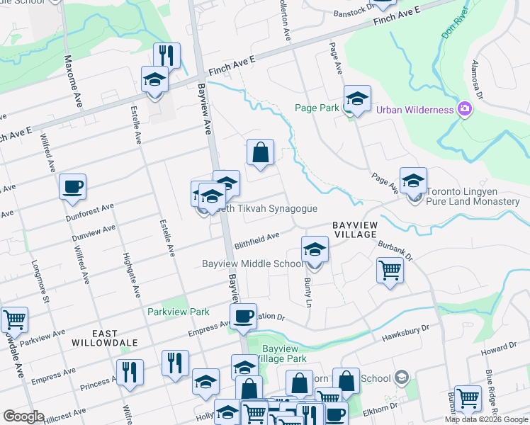 map of restaurants, bars, coffee shops, grocery stores, and more near 33 Sumner Heights Drive in Toronto