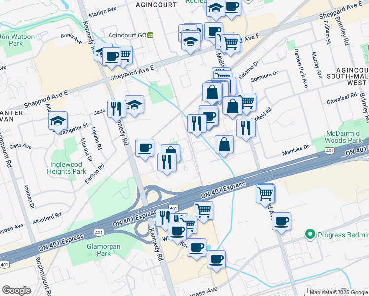 map of restaurants, bars, coffee shops, grocery stores, and more near 181 Village Green Square in Toronto
