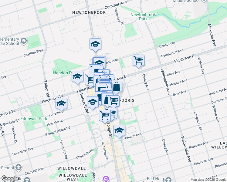 map of restaurants, bars, coffee shops, grocery stores, and more near 26 Olive Avenue in Toronto