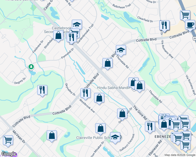 map of restaurants, bars, coffee shops, grocery stores, and more near 103 Eastview Gate in Brampton