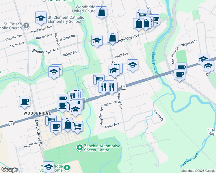 map of restaurants, bars, coffee shops, grocery stores, and more near 35 Rainbow Drive in Vaughan