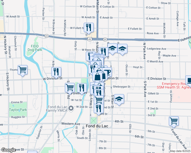 map of restaurants, bars, coffee shops, grocery stores, and more near 4 North Main Street in Fond du Lac