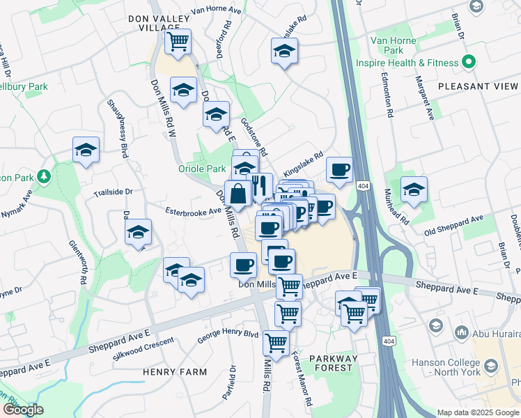 map of restaurants, bars, coffee shops, grocery stores, and more near 35 Fairview Mall Drive in Toronto