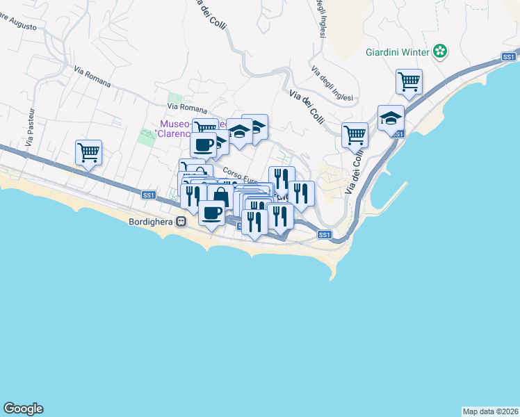 map of restaurants, bars, coffee shops, grocery stores, and more near 30 Via della Libertà in Bordighera