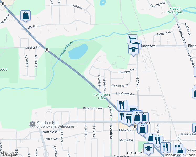 map of restaurants, bars, coffee shops, grocery stores, and more near 3126 North 27th Street in Sheboygan