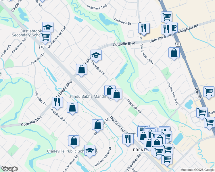 map of restaurants, bars, coffee shops, grocery stores, and more near 25 Shadyridge Road in Brampton