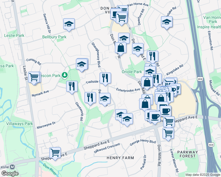 map of restaurants, bars, coffee shops, grocery stores, and more near 9 Esterbrooke Avenue in Toronto
