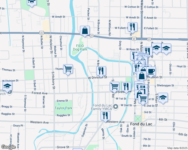 map of restaurants, bars, coffee shops, grocery stores, and more near 206 Taylor Street in Fond du Lac