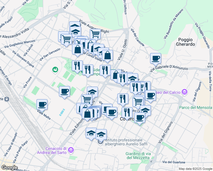 map of restaurants, bars, coffee shops, grocery stores, and more near 31 Viale Eleonora Duse in Firenze