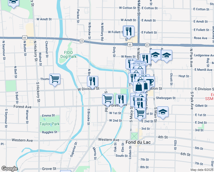 map of restaurants, bars, coffee shops, grocery stores, and more near 117 West Division Street in Fond du Lac