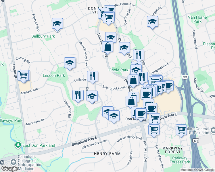 map of restaurants, bars, coffee shops, grocery stores, and more near 8 Esterbrooke Avenue in Toronto