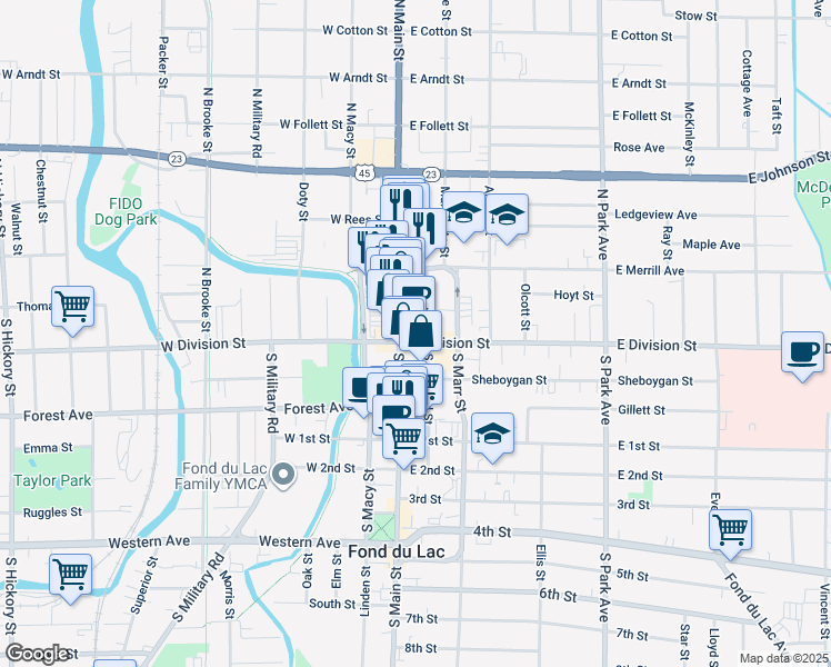 map of restaurants, bars, coffee shops, grocery stores, and more near 1 North Main Street in Fond du Lac