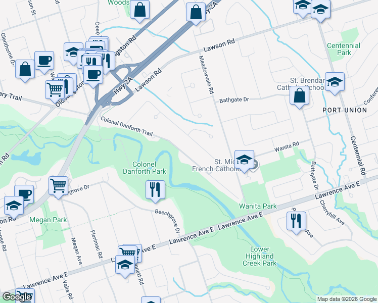 map of restaurants, bars, coffee shops, grocery stores, and more near 92 Colonel Danforth Trail in Toronto