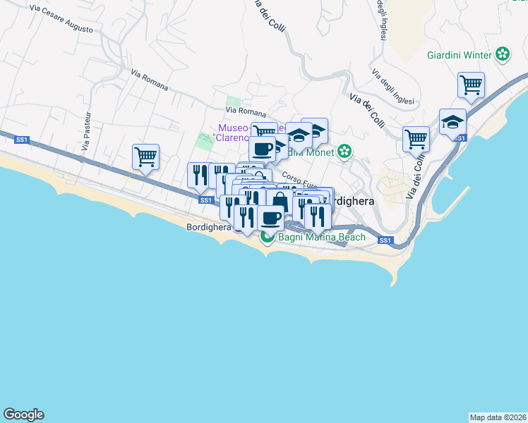 map of restaurants, bars, coffee shops, grocery stores, and more near 7 Via Generale Biamonti in Bordighera