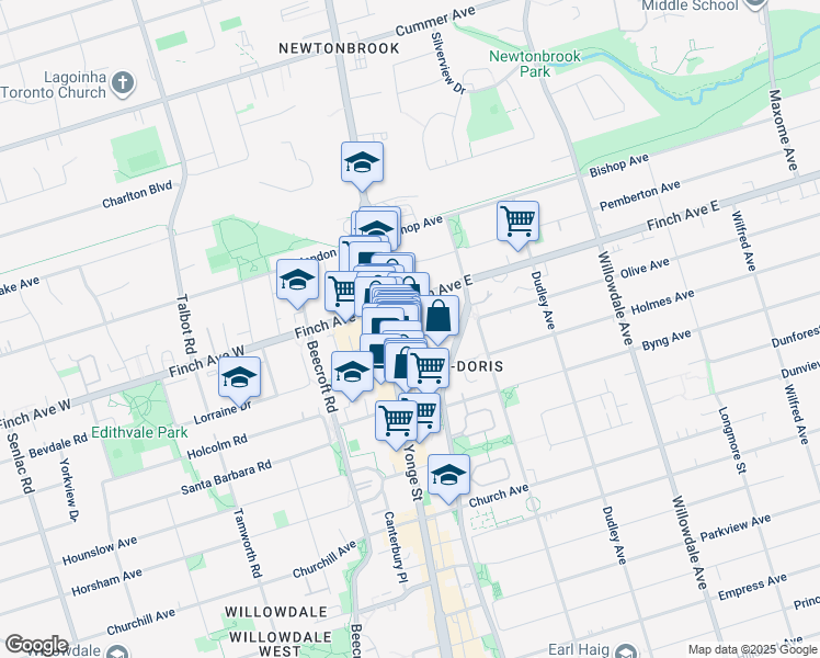 map of restaurants, bars, coffee shops, grocery stores, and more near 20 Olive Avenue in Toronto