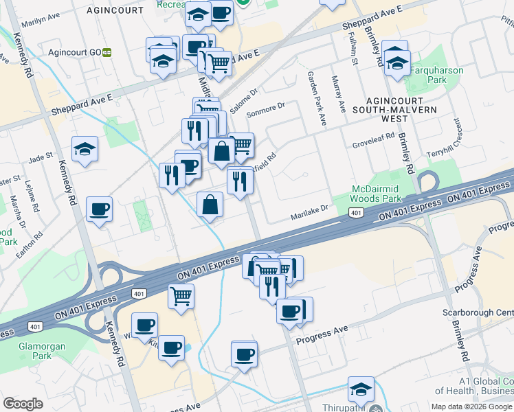 map of restaurants, bars, coffee shops, grocery stores, and more near 1 Goodland Gate in Toronto