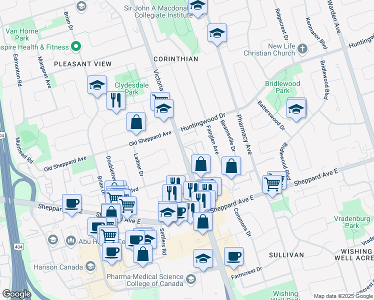 map of restaurants, bars, coffee shops, grocery stores, and more near 2747 Victoria Park Avenue in Toronto