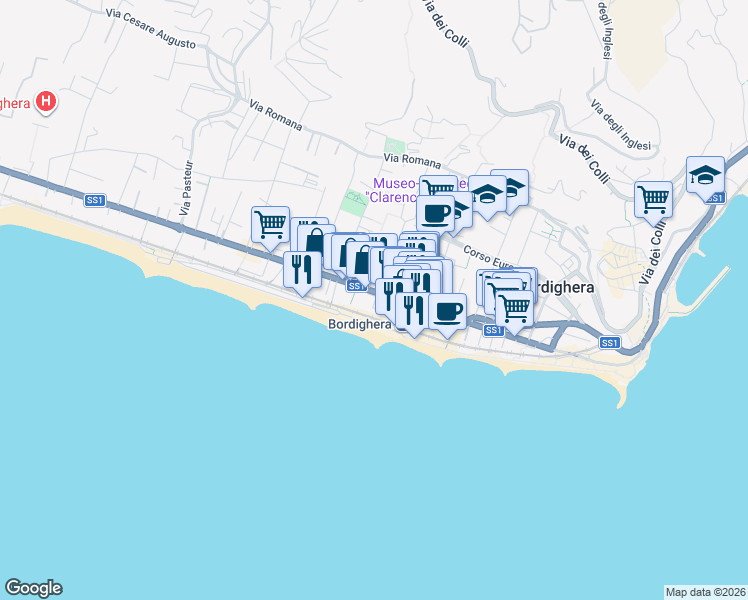 map of restaurants, bars, coffee shops, grocery stores, and more near 7 Lungomare Argentina in Bordighera