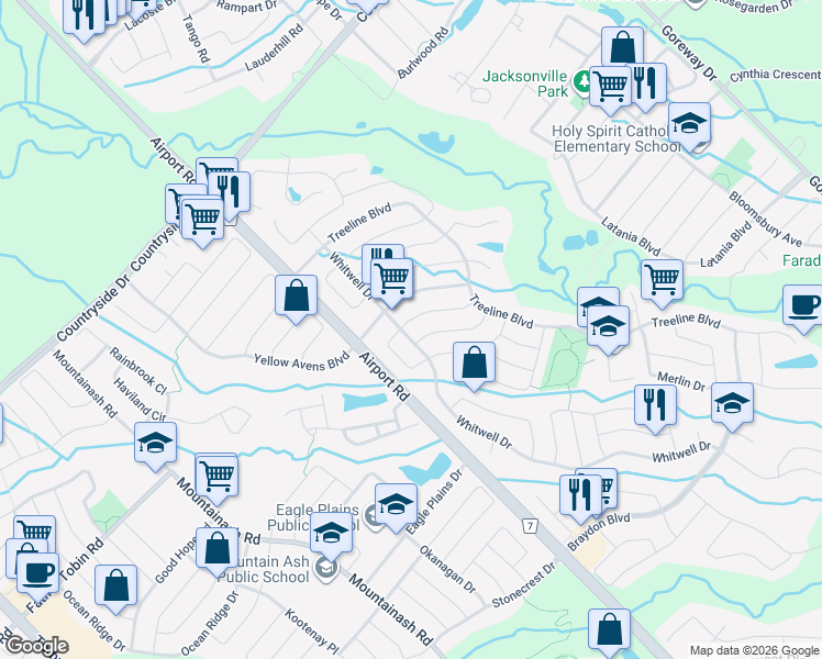 map of restaurants, bars, coffee shops, grocery stores, and more near 1 Selhurst Drive in Brampton