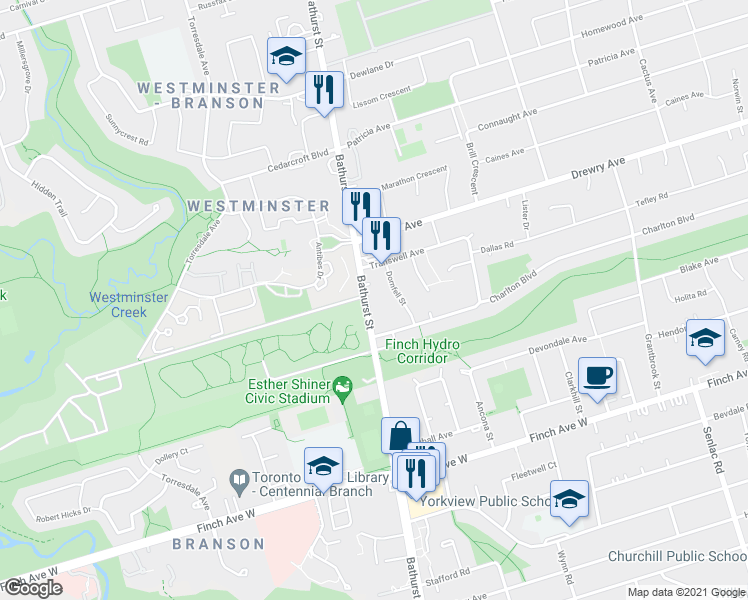 map of restaurants, bars, coffee shops, grocery stores, and more near 5879 Bathurst Street in Toronto