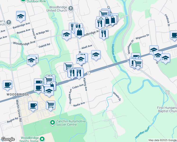 map of restaurants, bars, coffee shops, grocery stores, and more near in Vaughan