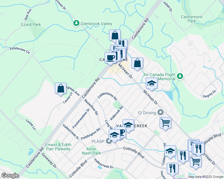 map of restaurants, bars, coffee shops, grocery stores, and more near 34 Calderstone Road in Brampton