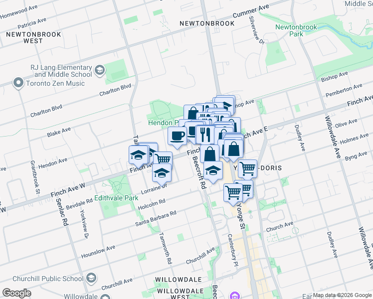 map of restaurants, bars, coffee shops, grocery stores, and more near 38 Finch Avenue West in Toronto