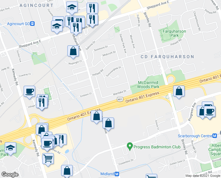 map of restaurants, bars, coffee shops, grocery stores, and more near 35 Manorglen Crescent in Toronto