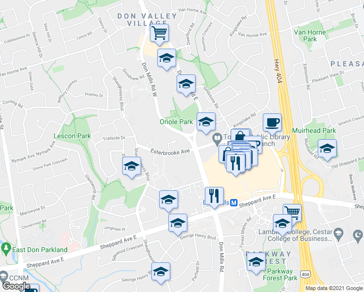 map of restaurants, bars, coffee shops, grocery stores, and more near 30 Esterbrooke Avenue in Toronto