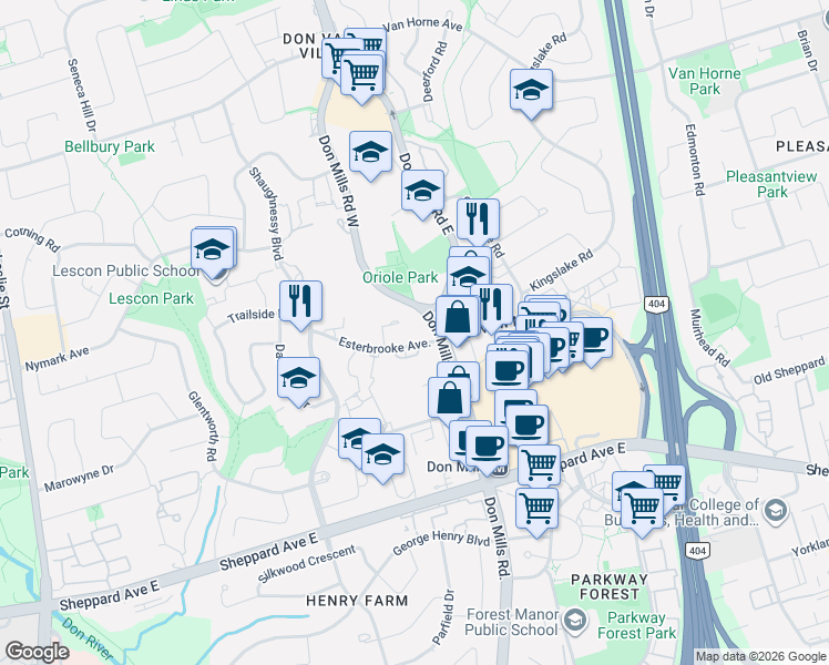 map of restaurants, bars, coffee shops, grocery stores, and more near 30 Esterbrooke Avenue in Toronto