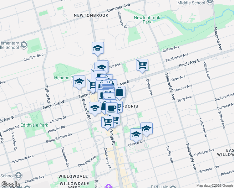 map of restaurants, bars, coffee shops, grocery stores, and more near 28 Olive Avenue in Toronto
