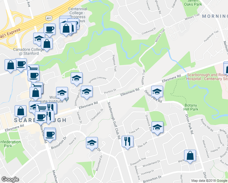 map of restaurants, bars, coffee shops, grocery stores, and more near 37 Portico Drive in Toronto