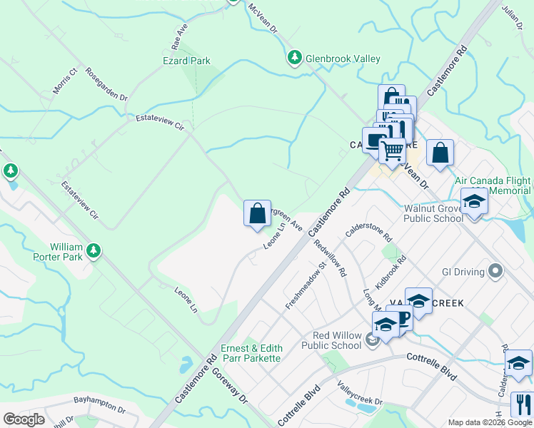 map of restaurants, bars, coffee shops, grocery stores, and more near 4 Evergreen Avenue in Brampton