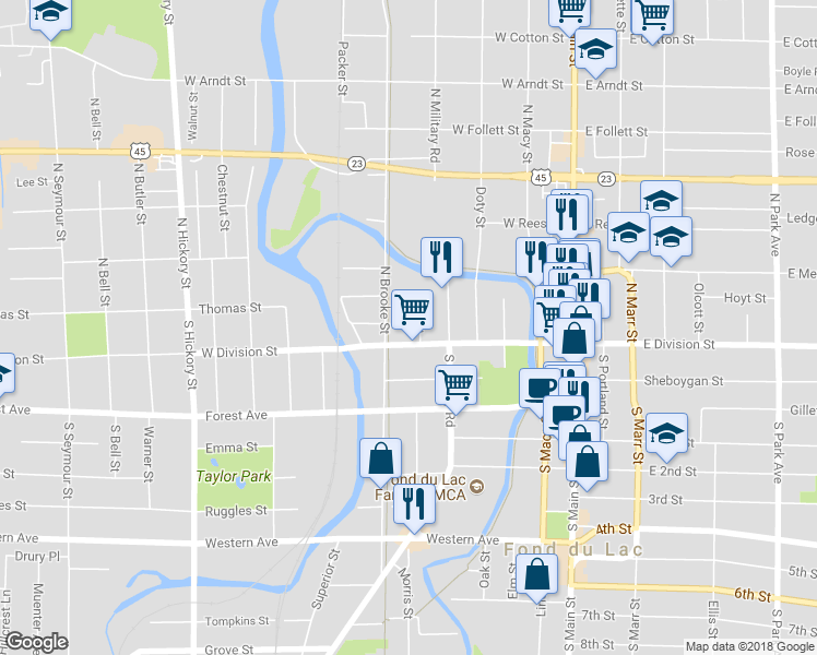 map of restaurants, bars, coffee shops, grocery stores, and more near 165 West Division Street in Fond du Lac