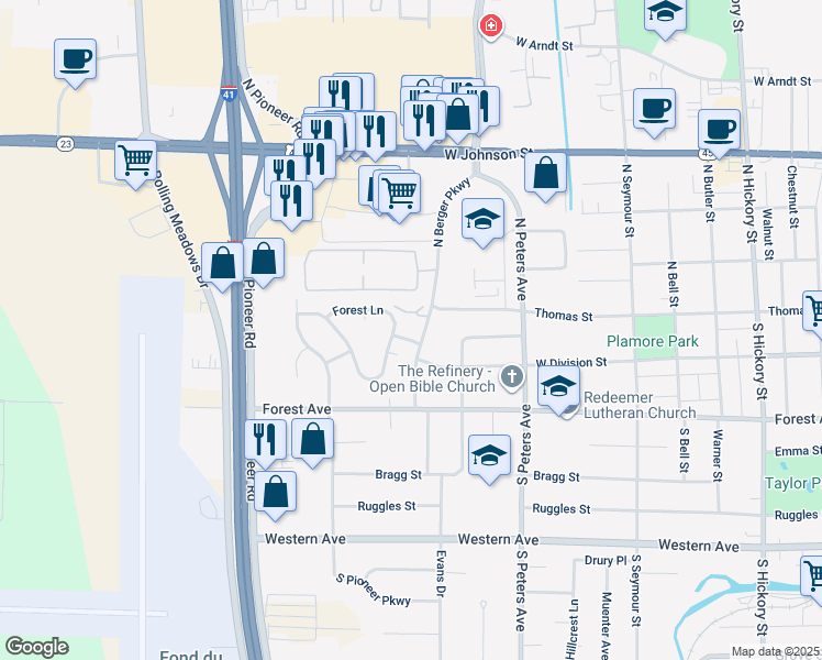 map of restaurants, bars, coffee shops, grocery stores, and more near 30 North Berger Parkway in Fond du Lac